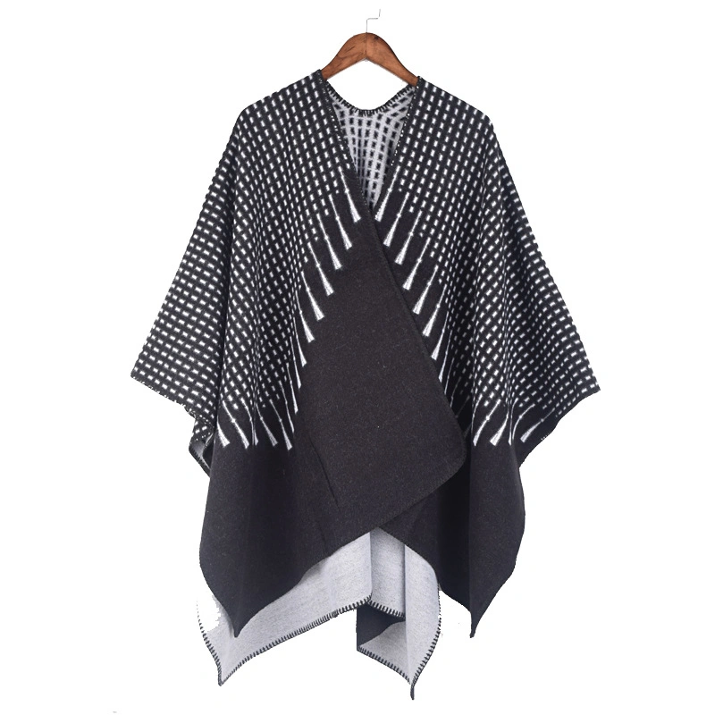 Fashion Shawls Plain Jacquard Blanket Poncho Front-Open Winter Warm Women Cape