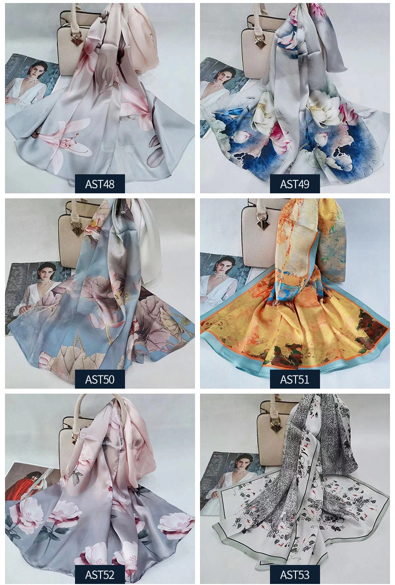 Fashion Lady Women Wholesale Custom Printing High Quality Long Pure Silk Shawl Scarf