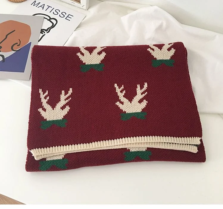 Christmas Gift Wine Red Knitting Moose Scarves for Men Women Thick Lovers&prime; Wool Necker Scarves for Girl Boys