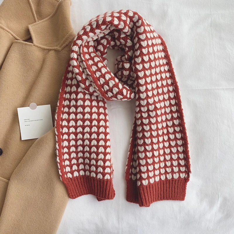 2024 Winter Ladies Acrylic Knitted Scarves Women Autumn Kimono Fleecy Turban Girls Fashion Warm Scarf with Heart Knitting