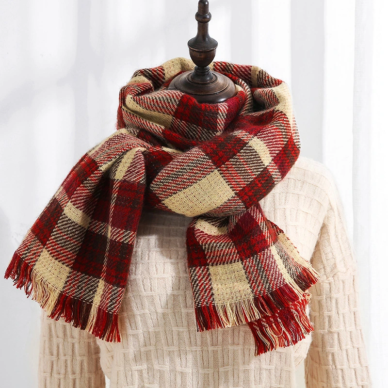 Double-Sided Plaid Multi-Color Winter Cashmere Tassel Classic Retro Polyester Cotton Lady Scarf