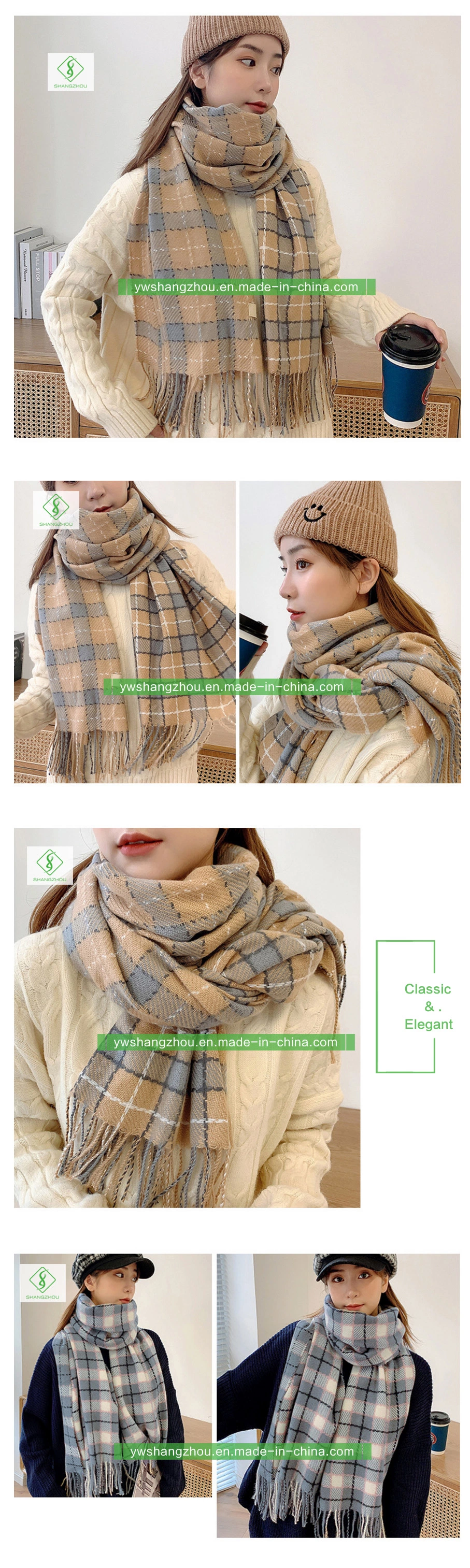 Fashion Plaid Cashmere Shawl Long Lady Scarf with Tassel Winter