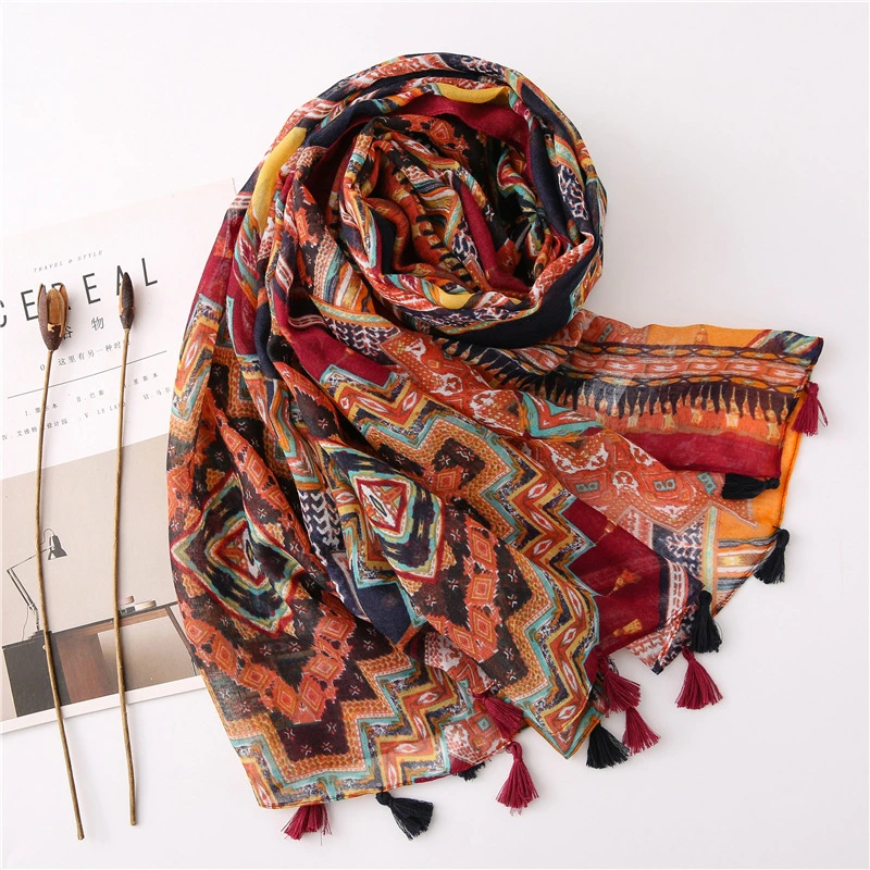 New Bohemian Color Geometric Diamond Print Scarf Spring and Summer Cotton and Linen Feel Sunscreen Silk Lady Scarf