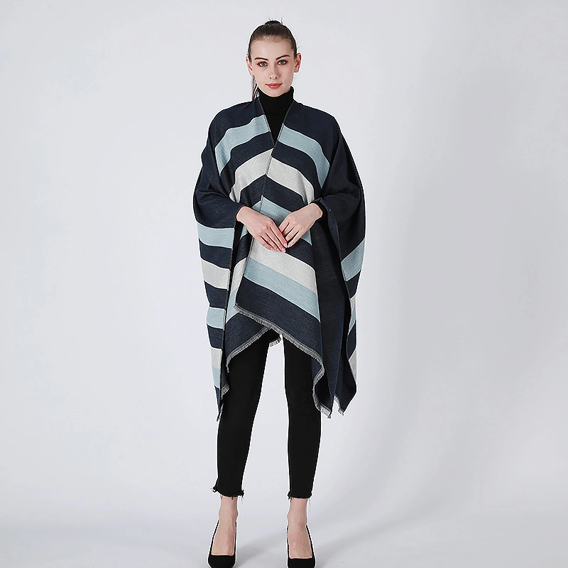 Classic Striped Wrap Poncho Soft Warm Scarf Cape Women Split Shawl