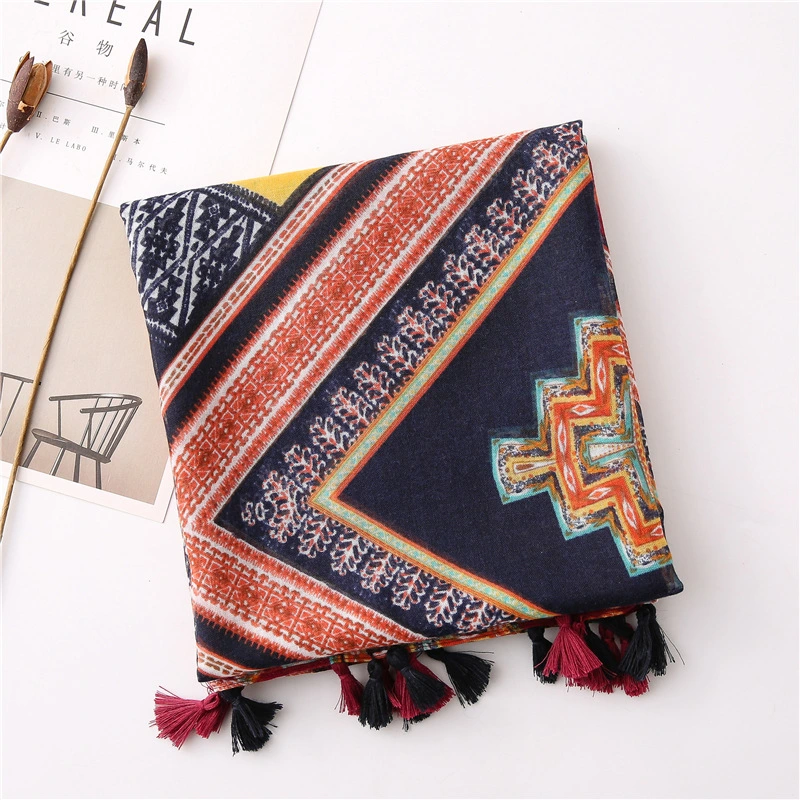 New Bohemian Color Geometric Diamond Print Scarf Spring and Summer Cotton and Linen Feel Sunscreen Silk Lady Scarf