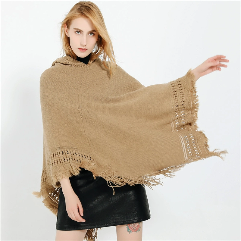 New Fashion Women Plaid Fringe Acrylic Hooded Cape Shawls Air Conditioning Cape Shawl Poncho Shawl for Women