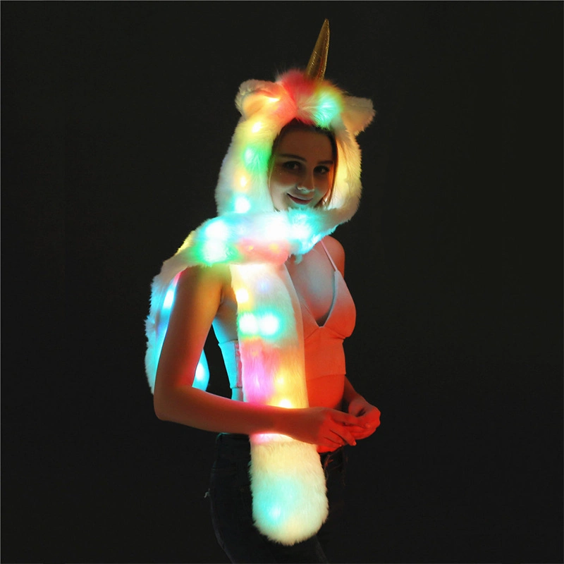 Furry Hoodie Flashing Control LED Light Unicorn Hat Scarf