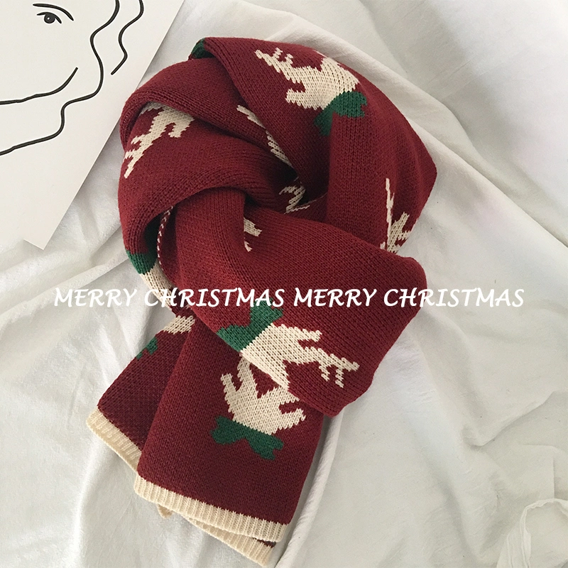 Christmas Gift Wine Red Knitting Moose Scarves for Men Women Thick Lovers&prime; Wool Necker Scarves for Girl Boys