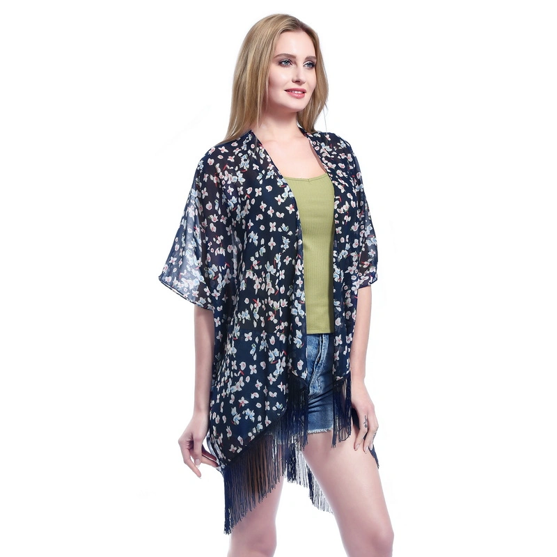 Lady Fashion Summer Sheer Poncho Cape Shawl with Tassel