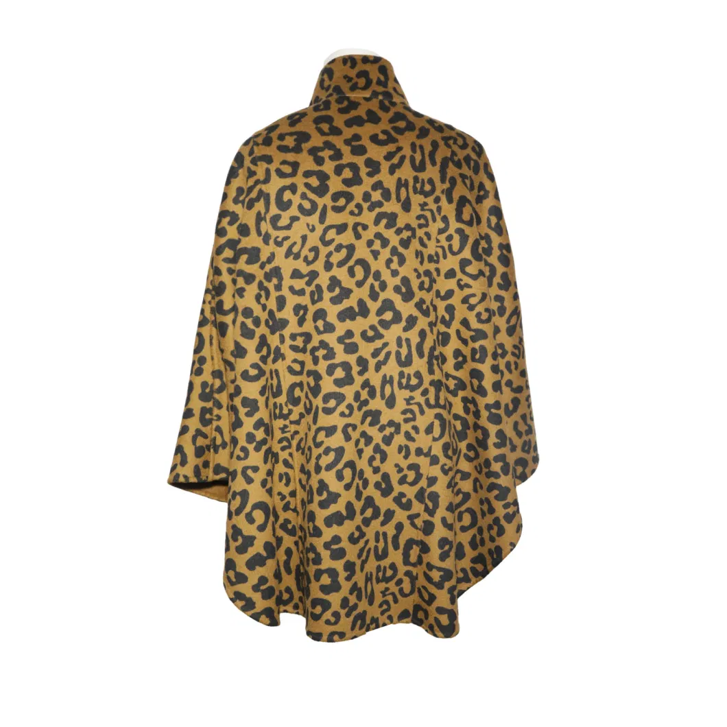 Women Leopard Print Cashmere Woolen Shawl Coat