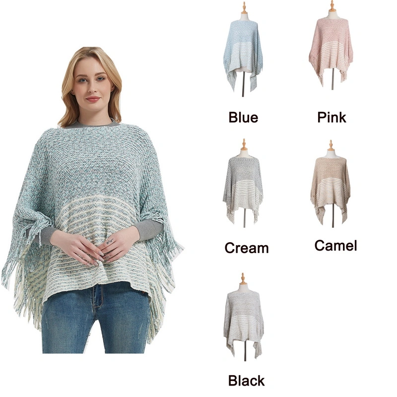 Oversized Warm Striped Pattern Thick Shawl Poncho Cape for Women