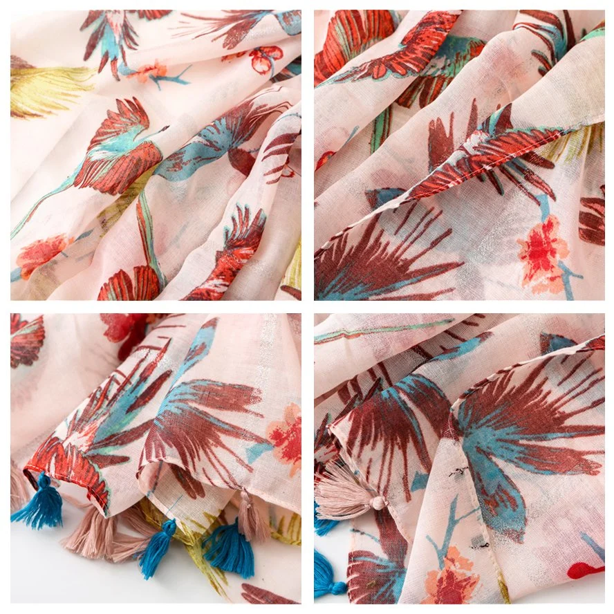 Women&prime;s Head Wrap Beach Shawl Flowers Printing Floral Smooth Soft Hand Feeling Pink Lady&prime;s Spring Summer Fashion Scarf for Girl with Silver Lurex Tassel