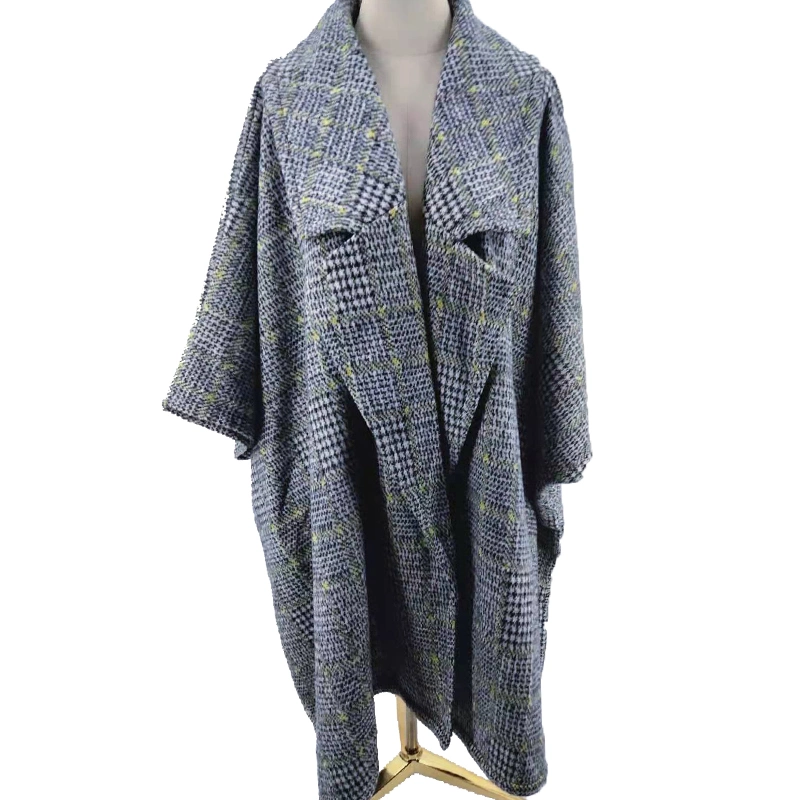 Navy Blue Plaid Coat Front Open Oversized Elegant Thick Vintage Warm Shawl Scarf Winter Poncho Cape