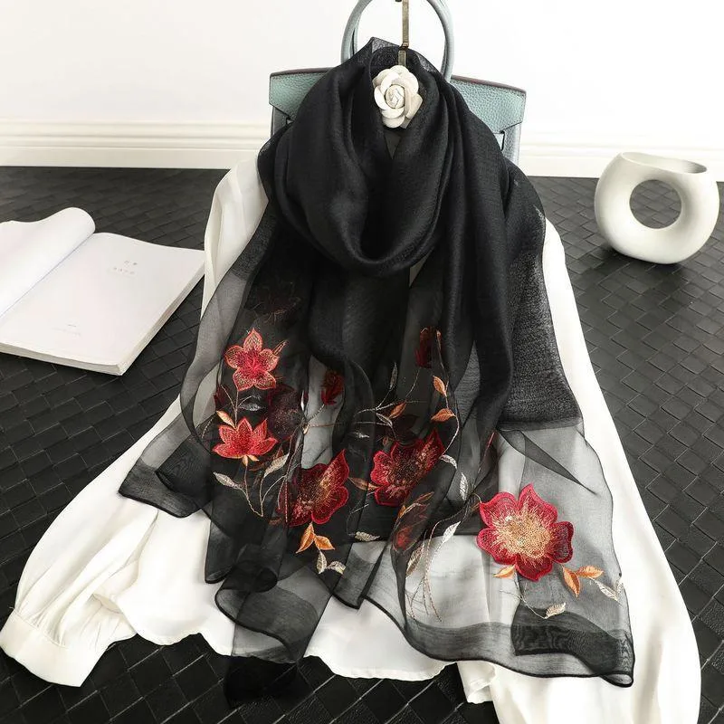 Premium Women Wool Silk Scarf Embroidery Mulberry Silk Scarves Comfortable Shawl