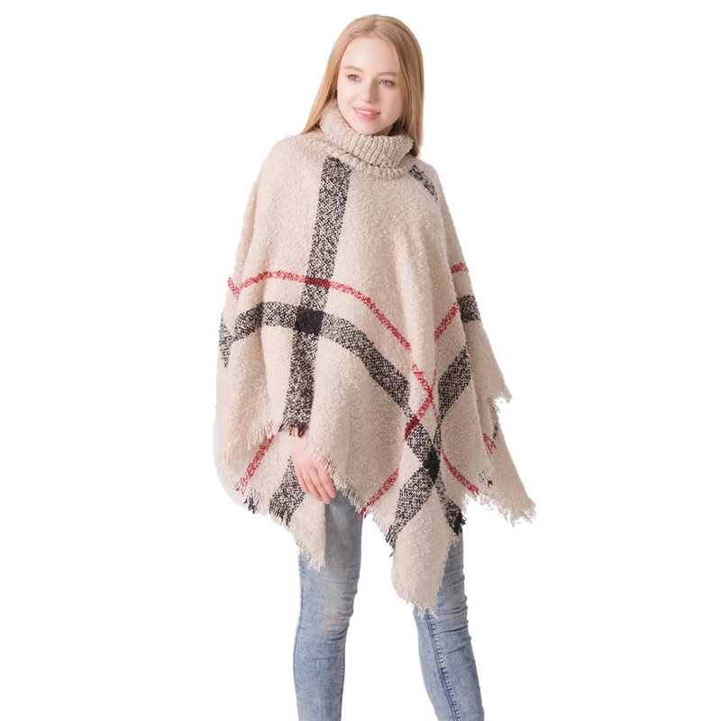 Wholesale Ladies Plaid Poncho Scarf with High Collar