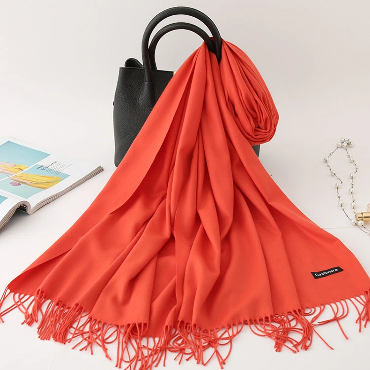 Custom Winter Warm Hijabs Pashmina Shawls with Tassel Solid Color Thick Women Cashmere Scarf