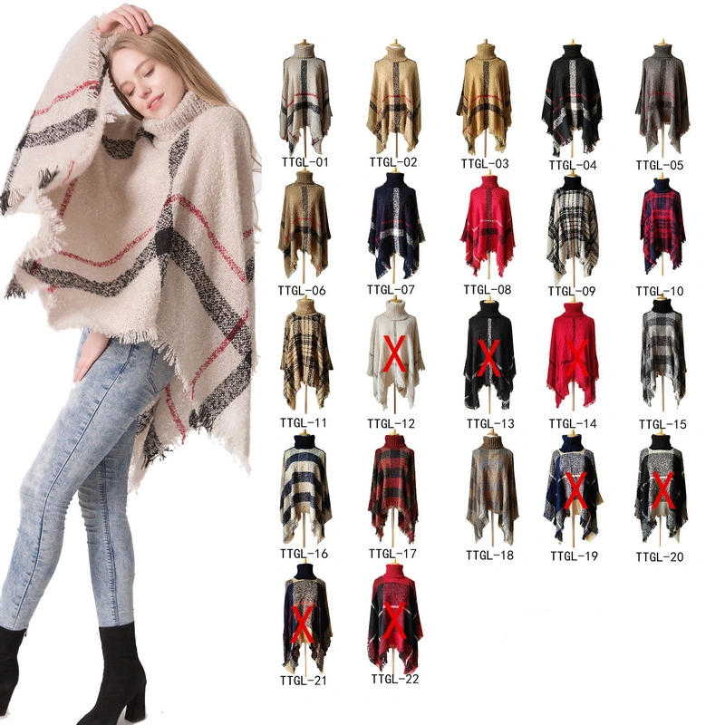 Popular Wholesale Winter Women Plaid Poncho with High Collar