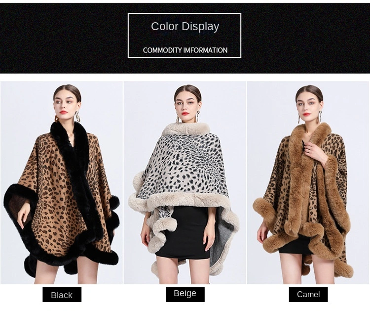 Winter Leopard Print Faux Rabbit Fur Collar Jacquard Women Poncho Shawl Cape