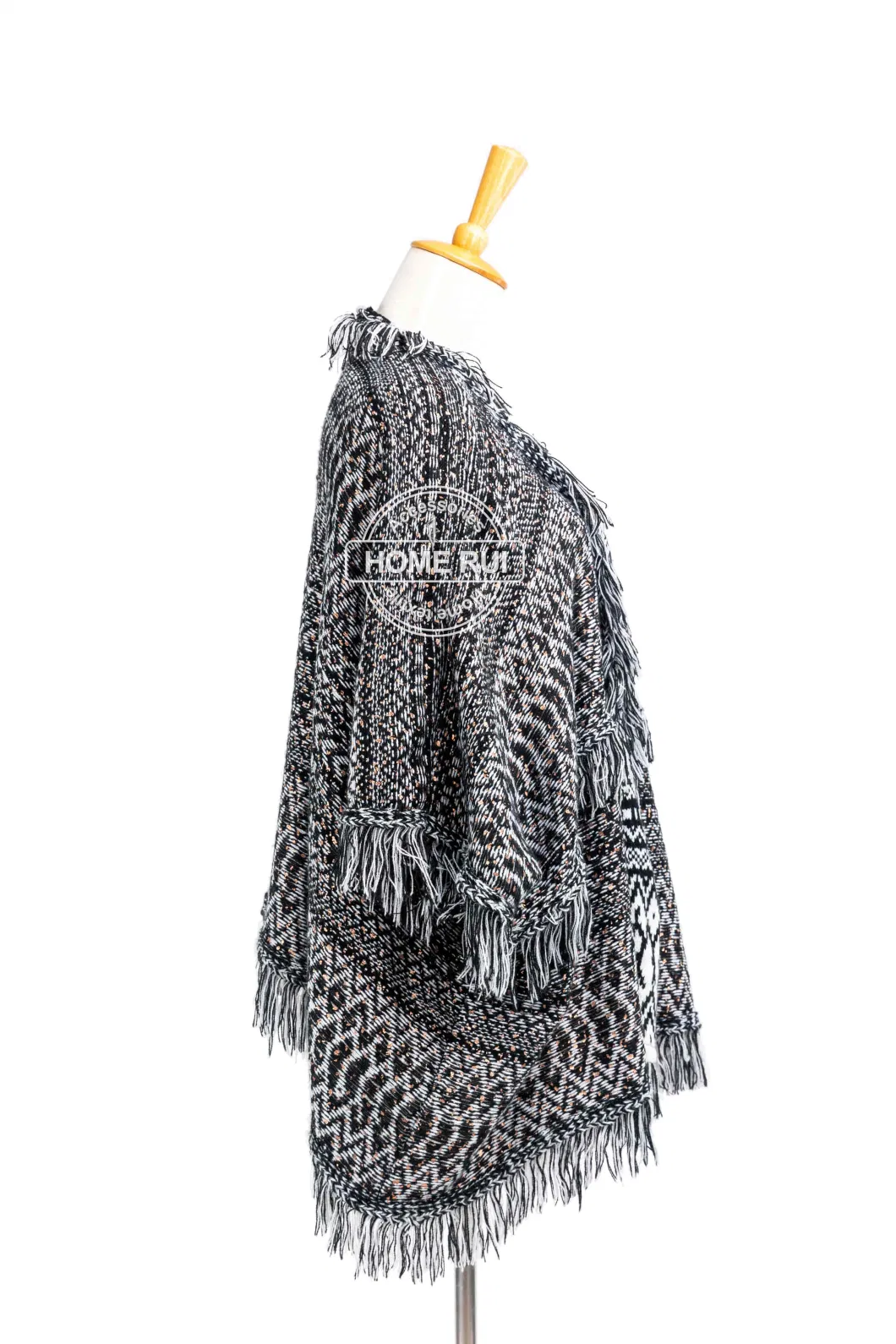 Home Rui Maufacturer Outerwear Spring Autumn Woman Warmth Apparel Accessory Fashion Rhombus Knitted Black Mixed Oversize Wraps Fringe Shawl Cardigan Cloak Cape