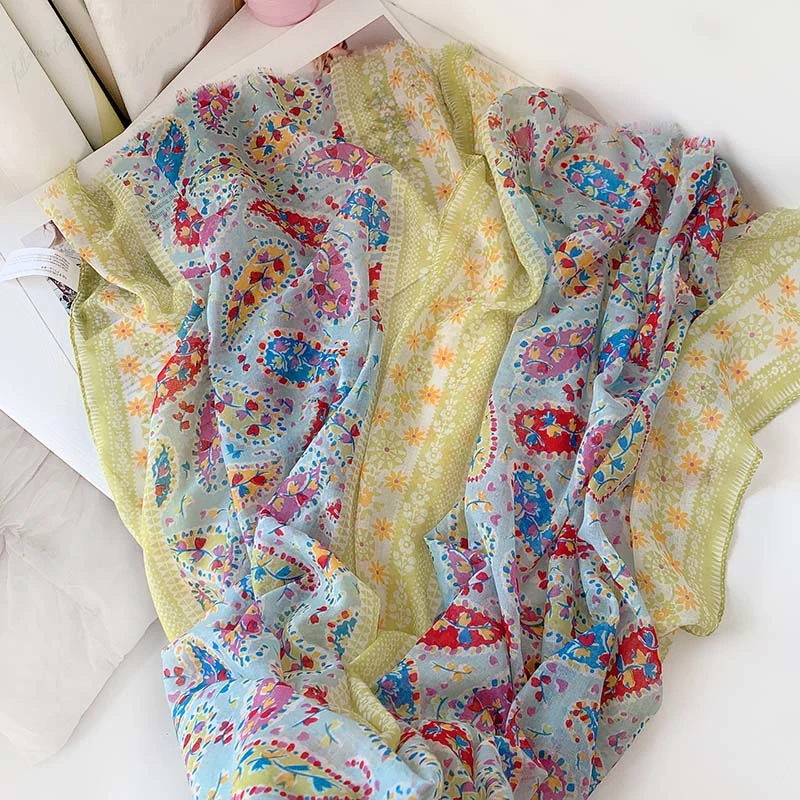 2022 Spring and Autumn Thin Section Small Fresh Fruit Green Yellow Cashew Flower Cotton Linen Scarf Female Sunscreen Shawl Shawl