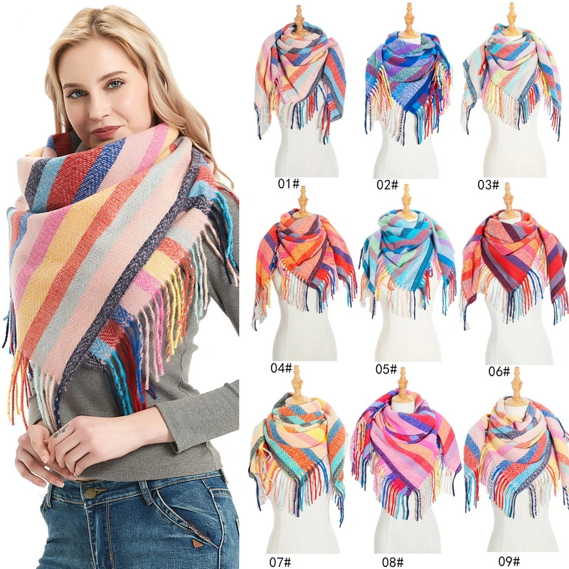 Oversized Striped Print Ladies Square Shawl Scarf with Tassel