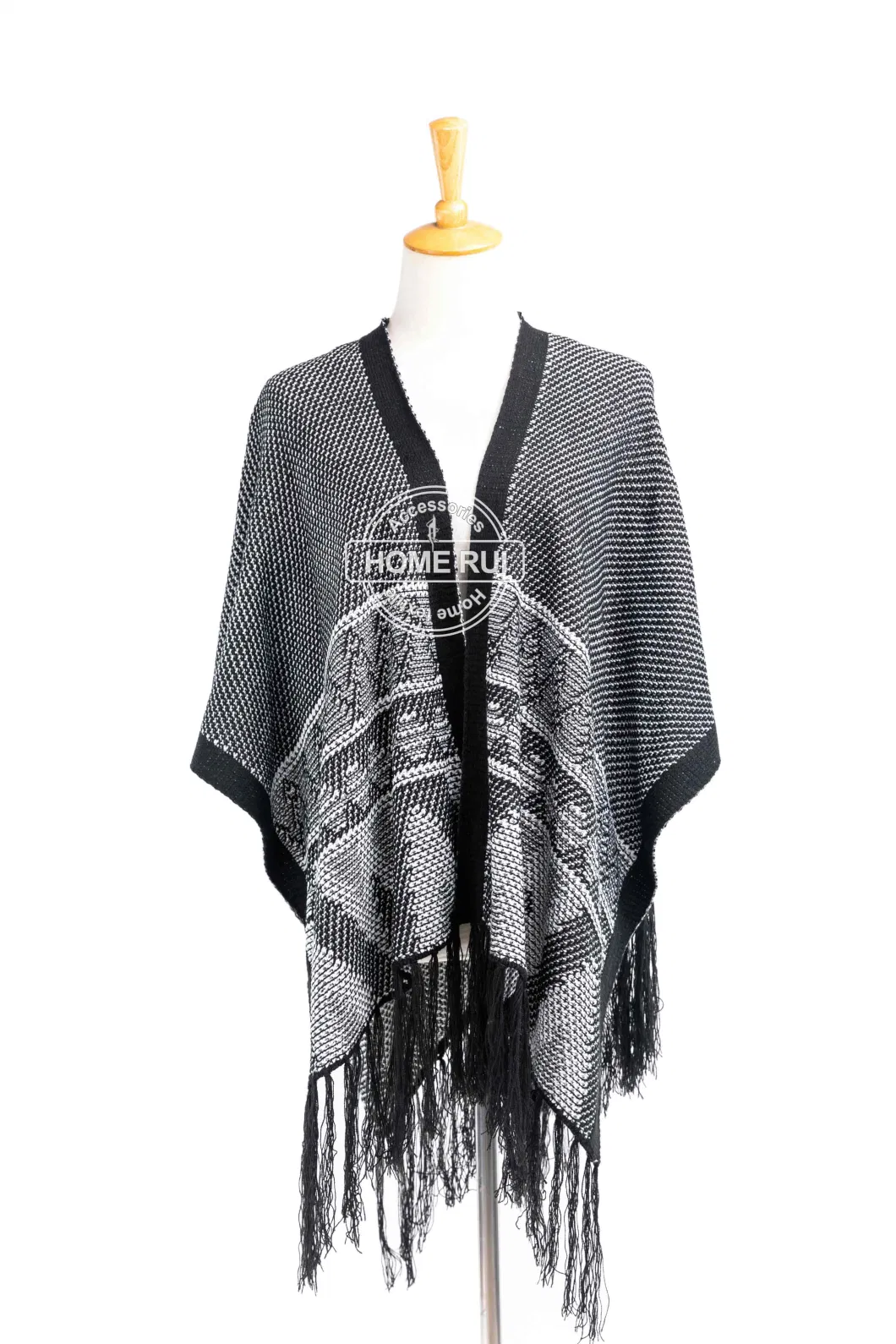 Supplier Outfit Fall Winter Lady Fashion Plus Batwing Irregualar Shape Reversible Tassel Cozy Fluffy Chunky Sweater Boat V-Neck Black Blanket Poncho Pallium