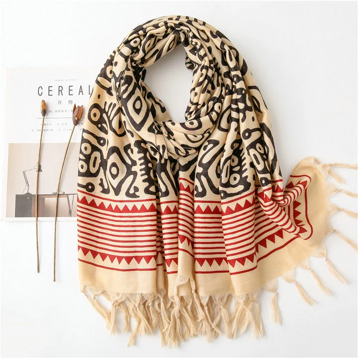 Spring Autumn Bohemian Ethnic Scarf Boho Totem Prints Shawl Long Tassels Warm Hijab Geometry Cotton Feeling Twill Strip Printing Scarf for &#160; Women