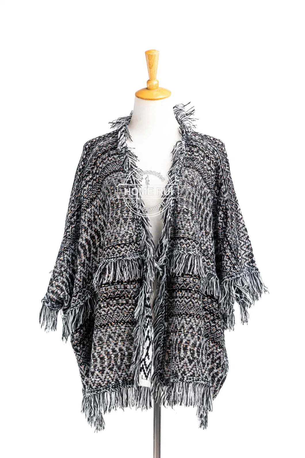 Home Rui Maufacturer Outerwear Spring Autumn Woman Warmth Apparel Accessory Fashion Rhombus Knitted Black Mixed Oversize Wraps Fringe Shawl Cardigan Cloak Cape