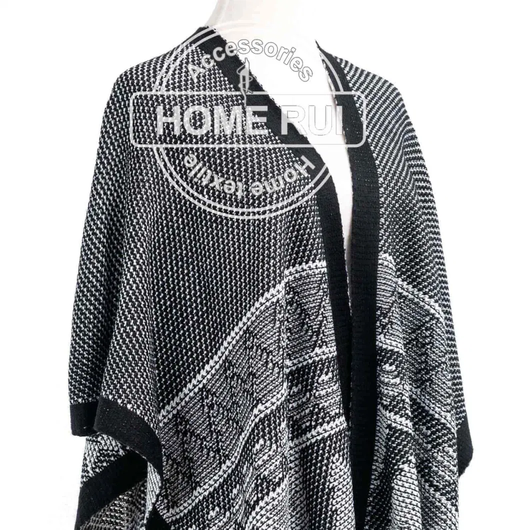 Supplier Outfit Fall Winter Lady Fashion Plus Batwing Irregualar Shape Reversible Tassel Cozy Fluffy Chunky Sweater Boat V-Neck Black Blanket Poncho Pallium