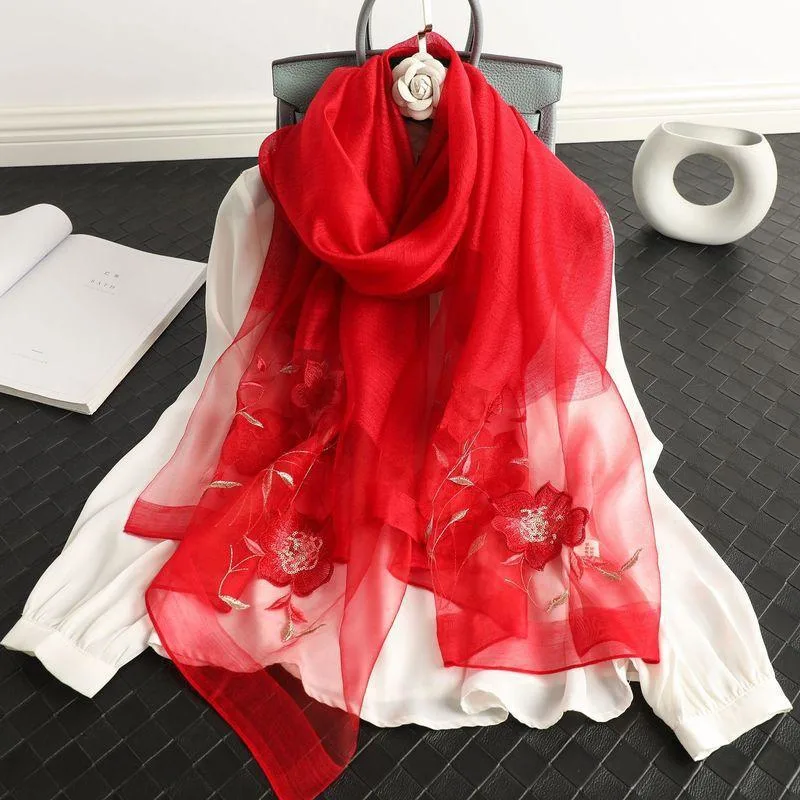 Premium Women Wool Silk Scarf Embroidery Mulberry Silk Scarves Comfortable Shawl