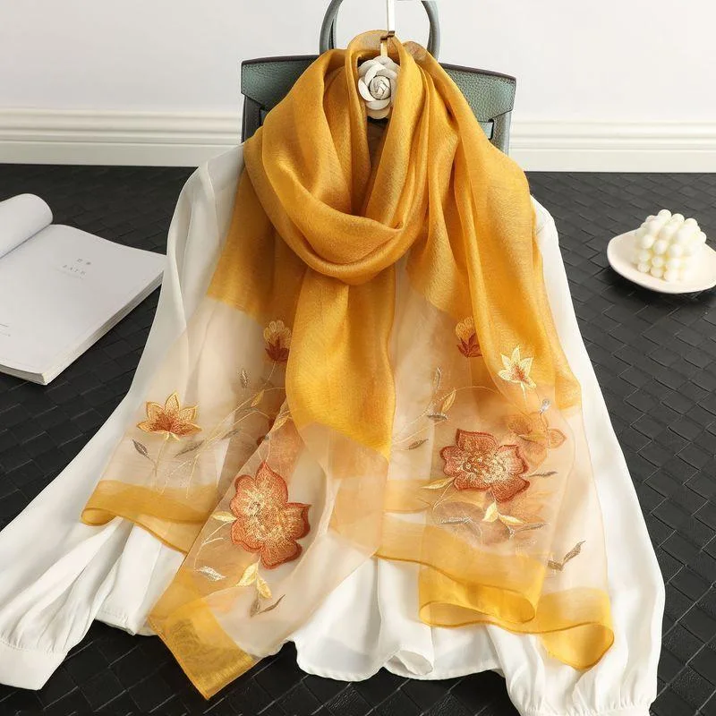 Premium Women Wool Silk Scarf Embroidery Mulberry Silk Scarves Comfortable Shawl