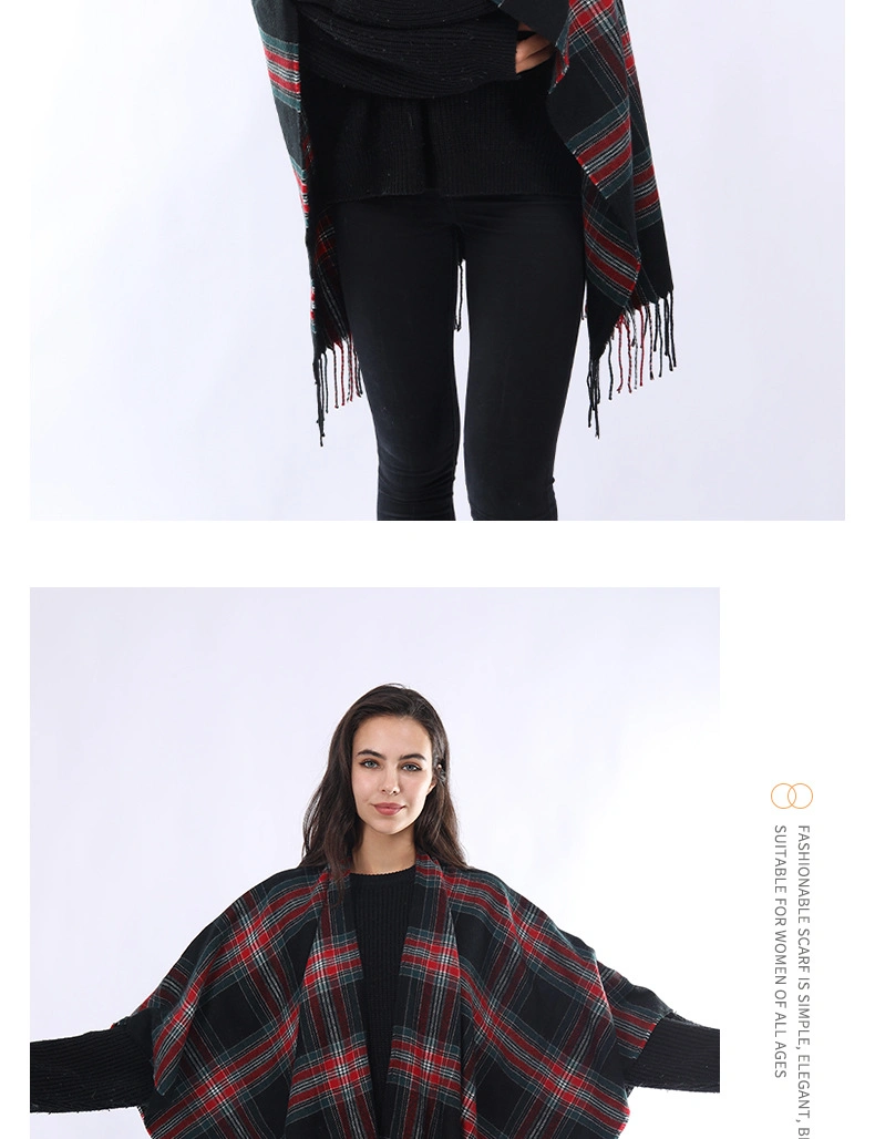 New European and American Plaid Autumn and Winter Outerwear Cape Shawl Imitation Cashmere Tassel Scarf for Women