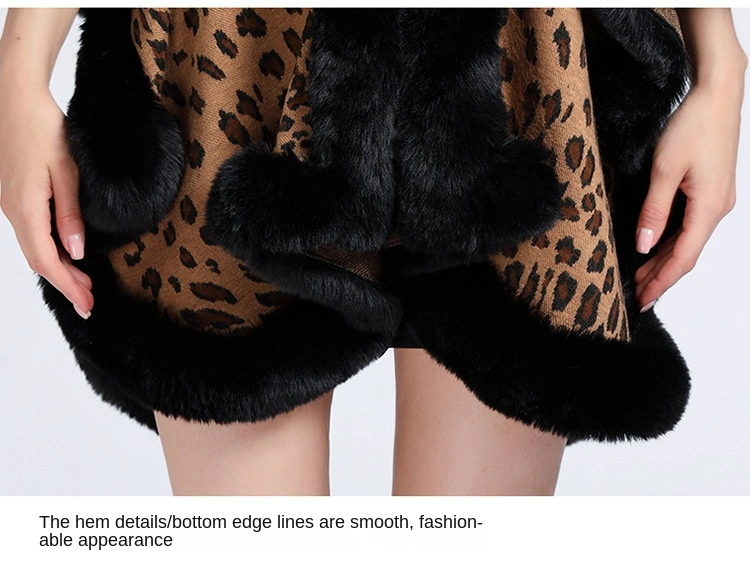 Winter Leopard Print Faux Rabbit Fur Collar Jacquard Women Poncho Shawl Cape