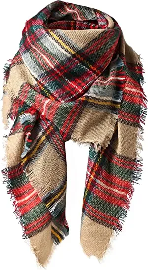Tassel Fall Winter Classic Women&prime;s Plaid Warm Blanket Shawl Wrap Large Soft Chunky Scarves