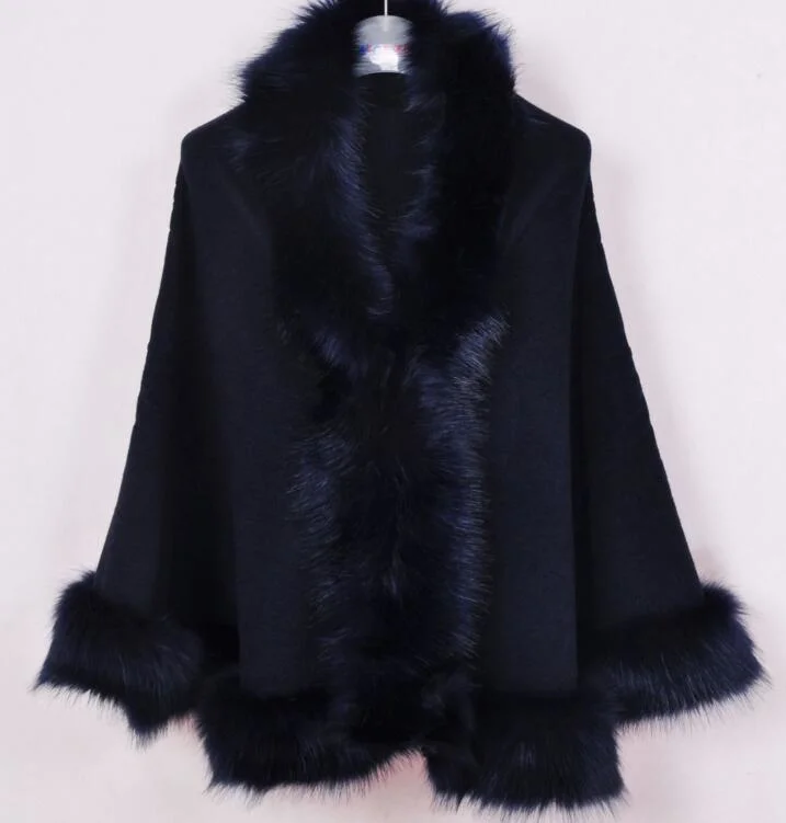 Oversized Knitted Cardigan Cape Coat Fox Fur Shawl
