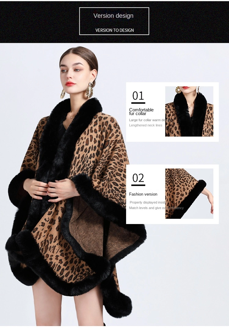 Winter Leopard Print Faux Rabbit Fur Collar Jacquard Women Poncho Shawl Cape