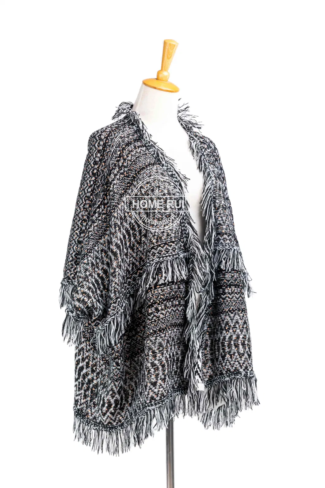 Home Rui Maufacturer Outerwear Spring Autumn Woman Warmth Apparel Accessory Fashion Rhombus Knitted Black Mixed Oversize Wraps Fringe Shawl Cardigan Cloak Cape