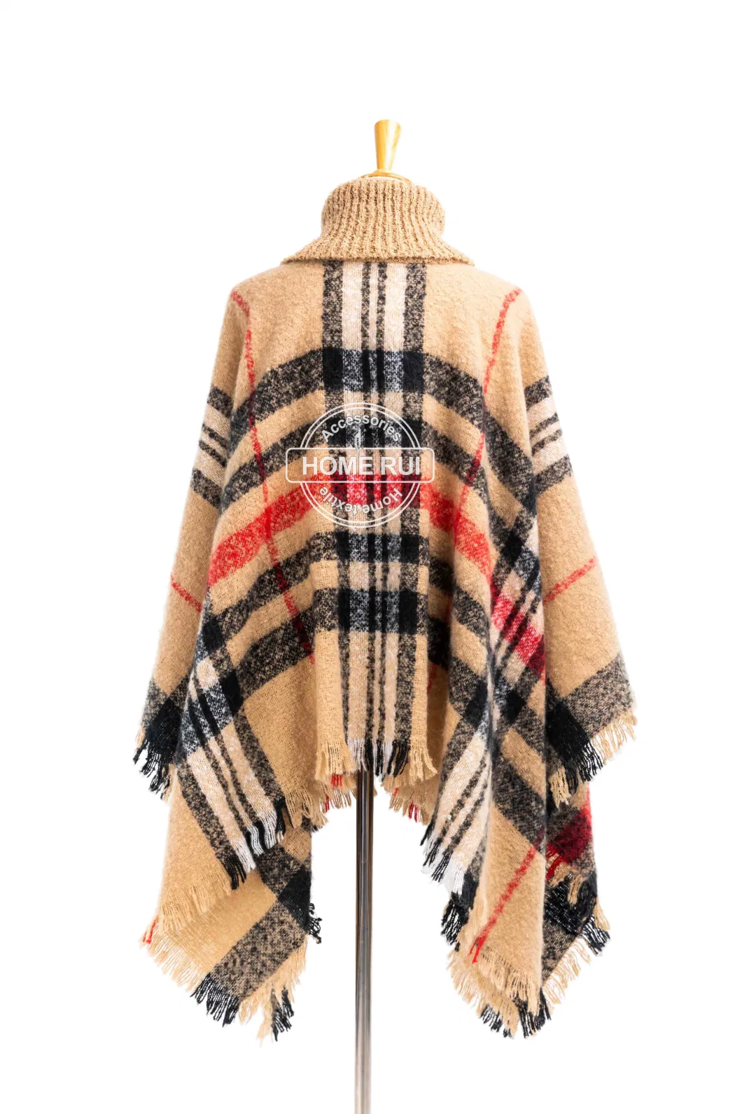 Spring Autumn Woman Lady Warm Fashion Woven Acrylic Boucle Yarn Brushed Brown/Camel Colour Fringe Pullover Wraps Grids Plaid Checks Shawl Turtleneck Poncho