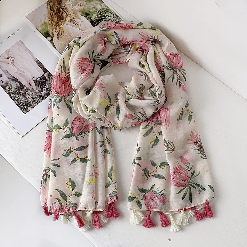 Sunscreen Woman&prime;s Colourful Flowers Beach Towel Long Poly-Silk Shawl Cotton Linen Scarf