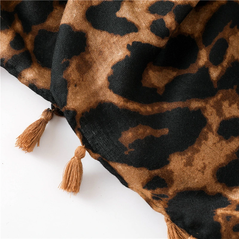 Female Autumn Winter Classic Leopard Print Animal Pattern Shawl Tassel Hijab Scarf