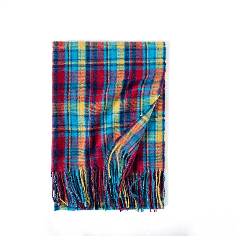 Women&prime;s Autumn and Winter Colorful Plaid Shawl Thickening Warm Fringe Warm Soft Large Blanket Scarf