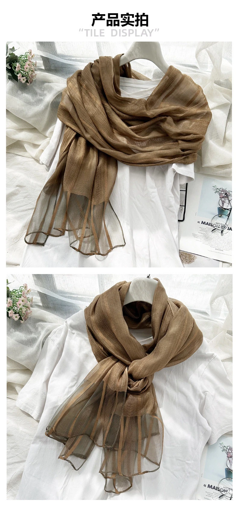 New Korean Pure Silk Acrylic Fiber Hijab Women&prime;s Long Scarf Fashion Autumn Sunscreen Shawl and Scarves