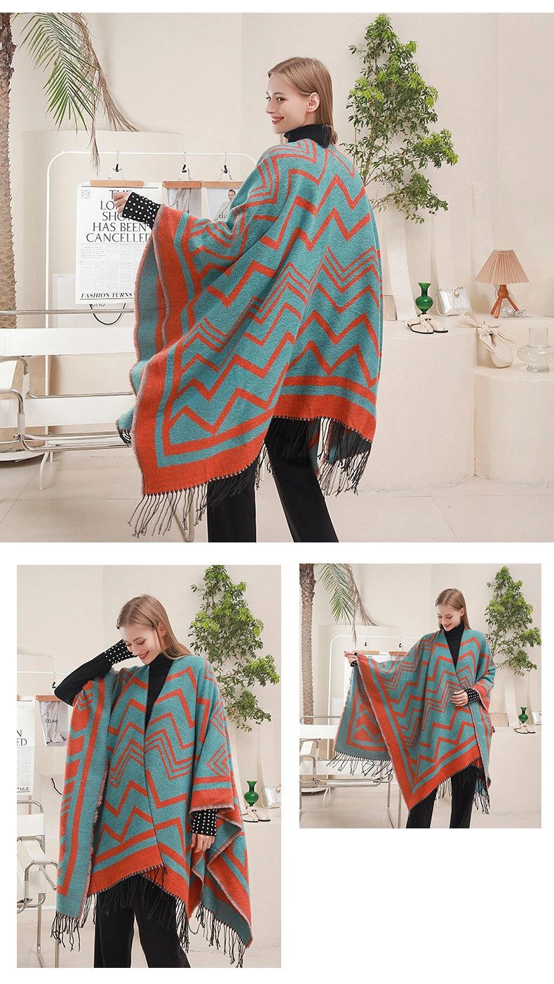 Winter Scarf Shawl Tassel Big Wave Warm Thick Split Cape Poncho