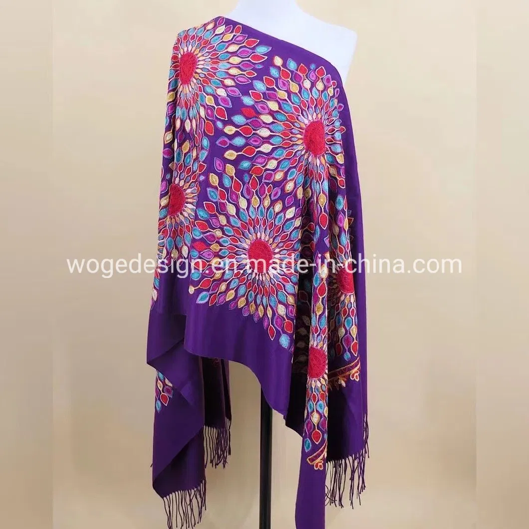 Yiwu Manufacturer Bulk Produce Embroidery Cashmere Floral Scarves Muffler Muslim Pashmina