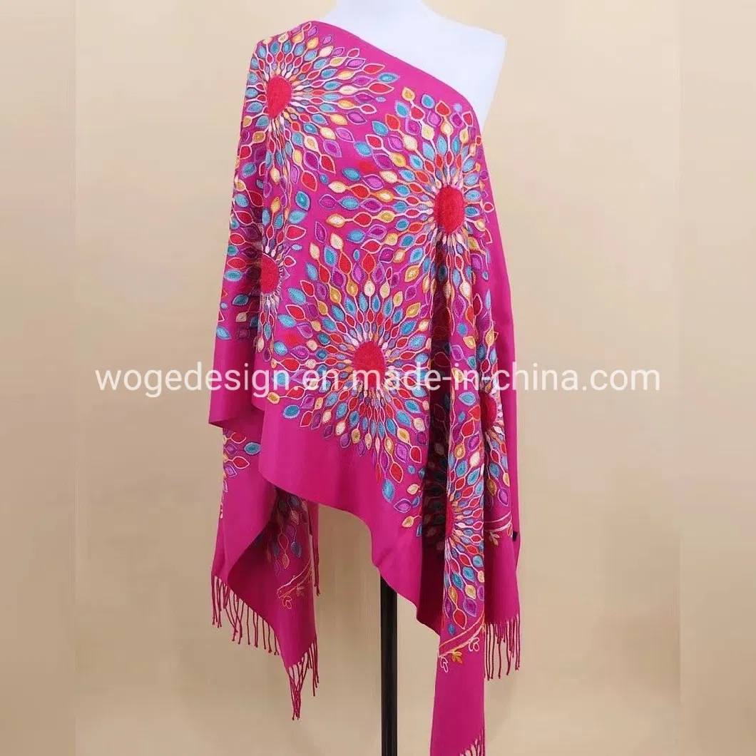 Yiwu Manufacturer Bulk Produce Embroidery Cashmere Floral Scarves Muffler Muslim Pashmina