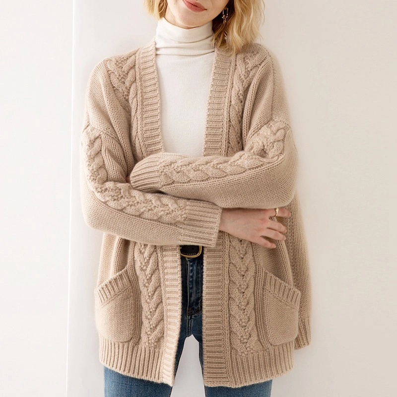 Autumn Winter Ladies 100% Fine Cashmere Cable Knitted Long Cardigan Coat