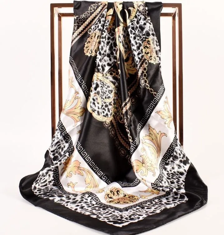 Autumn Winter New 90cm Square Leopard Print Chain Women&prime; S Fashion Satin Scarves