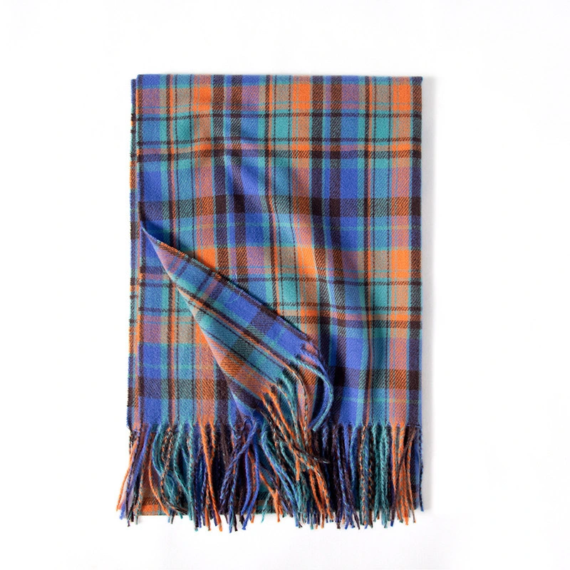 Women&prime;s Autumn and Winter Colorful Plaid Shawl Thickening Warm Fringe Warm Soft Large Blanket Scarf