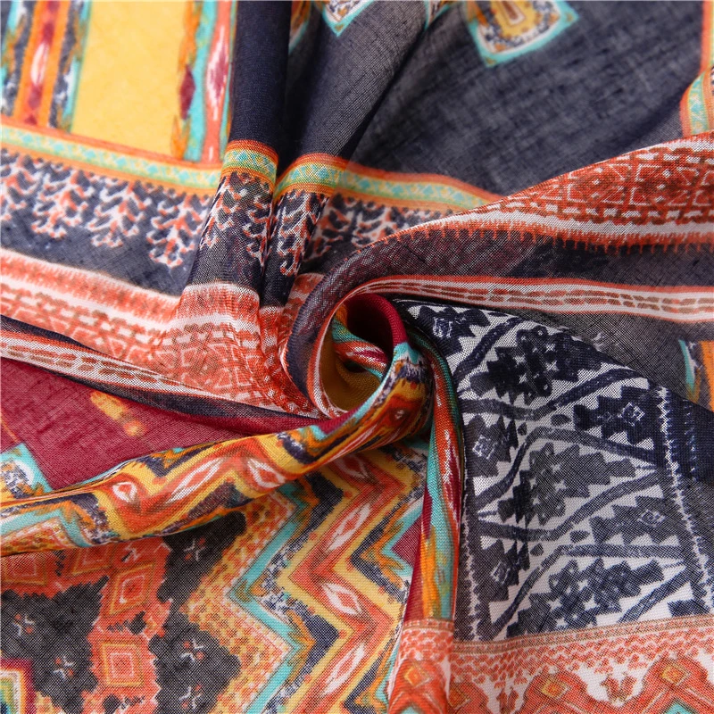 New Bohemian Color Geometric Diamond Print Scarf Spring and Summer Cotton and Linen Feel Sunscreen Silk Lady Scarf