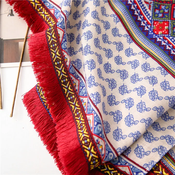 Bohemian Ethnic Printing Scarf Boho Patchwork Prints Shawl Macrame Lace Tassels Autumn Hijab Geometry Cotton Feeling Twill Scarf for Women